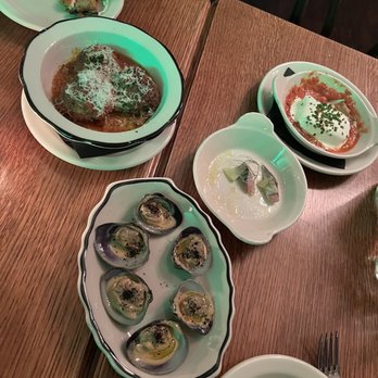 Wayside Tavern - Marinated Littleneck clams, meatballs, Eggplant terrine - New American Near Me - Portland, Maine Wayside Tavern - Marinated Littleneck clams, meatballs, Eggplant terrine - New American Near Me - Portland, Maine