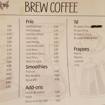 Brew Coffee Urquinaona - Coffee/tea menu - Coffee & Tea Near Me - Barcelona, B