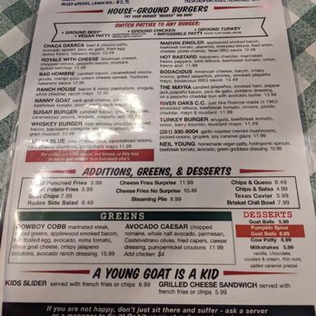 Rodeo Goat - Front of the menu. - Burgers Near Me - Houston, Texas Rodeo Goat - Front of the menu. - Burgers Near Me - Houston, Texas