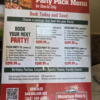 Mountain Mike's Pizza - Party package menu - Pizza Near Me - Hercules, California