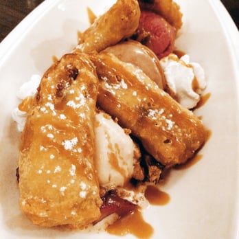 R&D Restaurant - Banana split with peanut butter, bitter chocolate and sour cherry ice creams; coconut whipped cream; and macerated strawberries - Asian Fusion Near Me - Toronto, Ontario