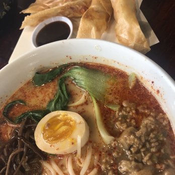 Ramen Parlor - Pork tan tan men with red chili oil and crab & cheese spring rolls. - Ramen Near Me - San Mateo, California