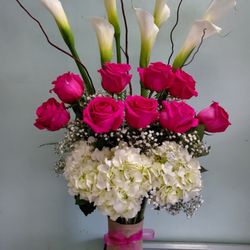 Hi Flower Shop - Beautiful vase arrangement with pink roses, hydrangeas, calla lillies, and twig sticks.