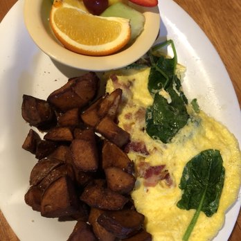 Ruby Slipper Pensacola - BYO Spinach Bacon Swiss Omelet with potatoes and fruit - Breakfast & Brunch Near Me - Pensacola, Florida Ruby Slipper Pensacola - BYO Spinach Bacon Swiss Omelet with potatoes and fruit - Breakfast & Brunch Near Me - Pensacola, Florida