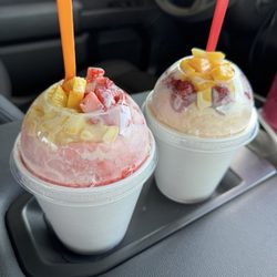 Snow Hut Shaved Ice - Tigers blood and Dreamsicle with fruit