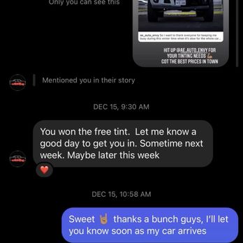 Auto Envy - Screenshot of messages with business owner - Car Window Tinting Near Me - Santa Rosa, California Auto Envy - Screenshot of messages with business owner - Car Window Tinting Near Me - Santa Rosa, California
