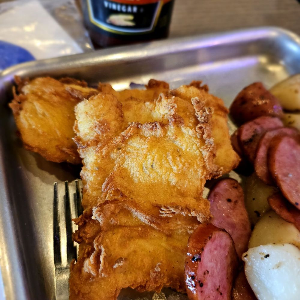 Shuckin' Shack Oyster Bar - Fish and chips but I opted for a different side than chips potato and sausage - Seafood Near Me - Naperville, Illinois Shuckin' Shack Oyster Bar - Fish and chips but I opted for a different side than chips potato and sausage - Seafood Near Me - Naperville, Illinois
