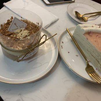 Sugar Miss Tea Cafe - Caramel molten cake(left) and peach crepe cake (right) - Desserts Near Me - Brooklyn, New York Sugar Miss Tea Cafe - Caramel molten cake(left) and peach crepe cake (right) - Desserts Near Me - Brooklyn, New York