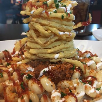 110 Grill - Pulled pork Mac and cheese (with fried onion tower!) - New American Near Me - Stratham, New Hampshire