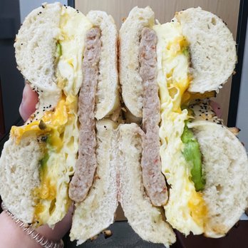 Bagel Street Cafe - Sausage avocado eggwich on everything bagel. Super bland. - Bagels Near Me - Brentwood, California Bagel Street Cafe - Sausage avocado eggwich on everything bagel. Super bland. - Bagels Near Me - Brentwood, California