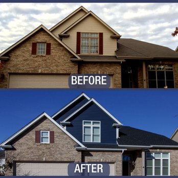 Opal Enterprises - Before and After exterior home renovation by Opal featuring James Hardie Deep Ocean siding. - Windows Installation Near Me - Naperville, Illinois