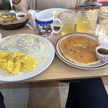 The Root Cafe - Mimosa with biscuits and gravy and a blueberry pancake - Cafes Near Me - Little Rock, Arkansas