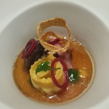 EVER - Pork, pasta that I forgot the name of, taro chip, beet pickled onion, mushroom consomme - New American Near Me - Chicago, Illinois EVER - Pork, pasta that I forgot the name of, taro chip, beet pickled onion, mushroom consomme - New American Near Me - Chicago, Illinois