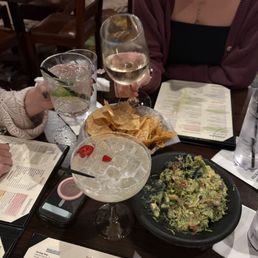 Guac and chips, spice of life margarita, Plattelli Torrontés wine from Argentina Guac and chips, spice of life margarita, Plattelli Torrontés wine from Argentina
