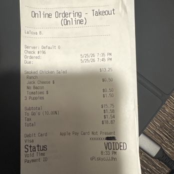 Soul Fish Cafe - Receipt showing voided order - Seafood Near Me - Memphis, Tennessee