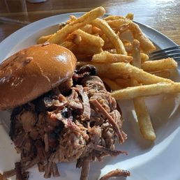 Brisket on brioche and fries.