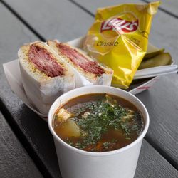Judah's Delicatessen - Pastrami on Sourdough w/ chips and pickles. Added a hearty soup, which warmed me right up on a cool winter day.