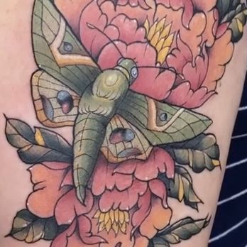 Reflection Tattoo - Moth and peonies by Reid - Tattoo Near Me - Fountain Valley, California