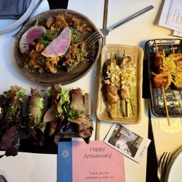 Ukoy, chicken adobo skewers, isaw (secret menu), pork lumpia Ukoy, chicken adobo skewers, isaw (secret menu), pork lumpia