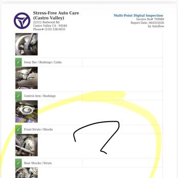 Stress-Free Auto Care - 2nd inspection indicating good shocks/struts?? How? No repairs were done on these. - Auto Repair Near Me - Castro Valley, California Stress-Free Auto Care - 2nd inspection indicating good shocks/struts?? How? No repairs were done on these. - Auto Repair Near Me - Castro Valley, California