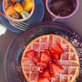 Cafe Borrone - Belgian waffle topped with fresh strawberries and a fresh fruit cup - Breakfast & Brunch Near Me - Menlo Park, California Cafe Borrone - Belgian waffle topped with fresh strawberries and a fresh fruit cup - Breakfast & Brunch Near Me - Menlo Park, California