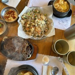 Tofu soup, Galbi, seafood fried rice Tofu soup, Galbi, seafood fried rice
