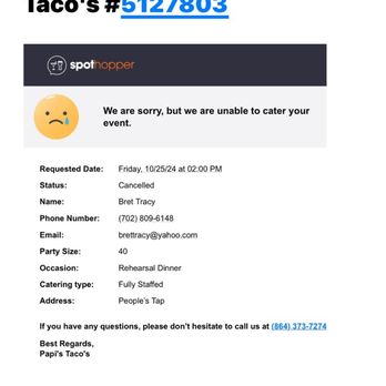 Papis Tacos - Cancellation of catering for son's rehearsal dinner nine days before event. - Mexican Near Me - Greenville, South Carolina