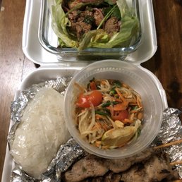 Beef Nam Tok (hot), and papaya salad Moo Ping-Som Tum Dinner (Thai hot) Beef Nam Tok (hot), and papaya salad Moo Ping-Som Tum Dinner (Thai hot)