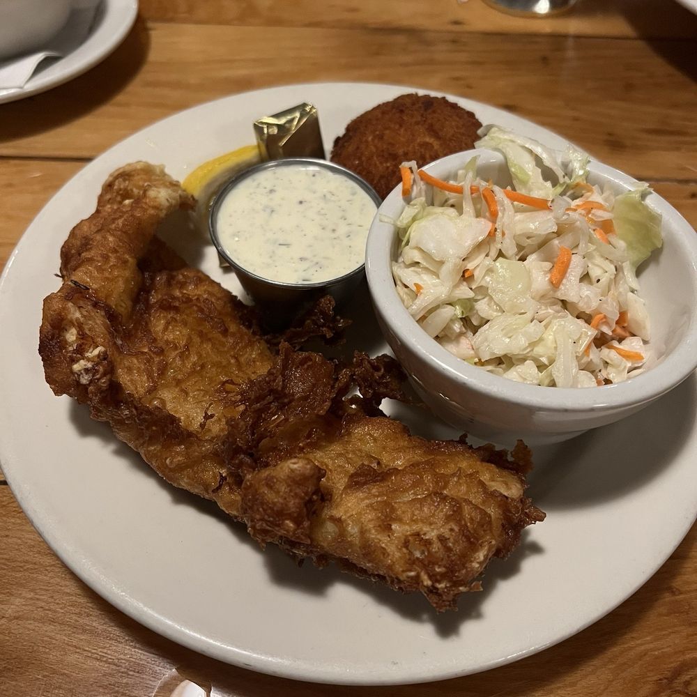Deep fried beer battered cod with slaw & croquette