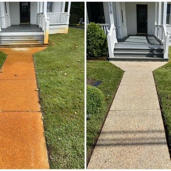 Rileys Applying Pressure - Before and after on a rusty sidewalk and house - Pressure Washers Near Me