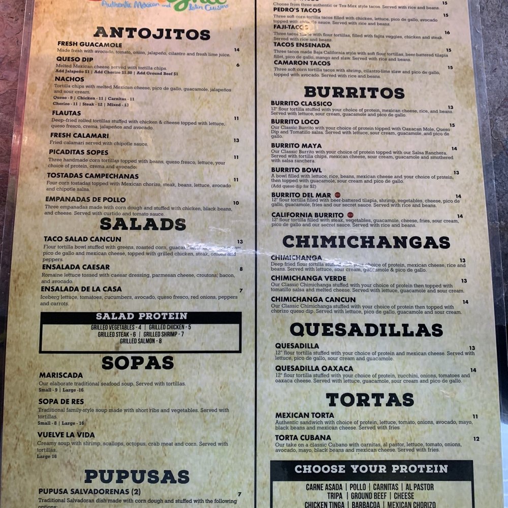 Mi Lindo Cancun Grill - Menu side 1 - Mexican Near Me - Annapolis, Maryland