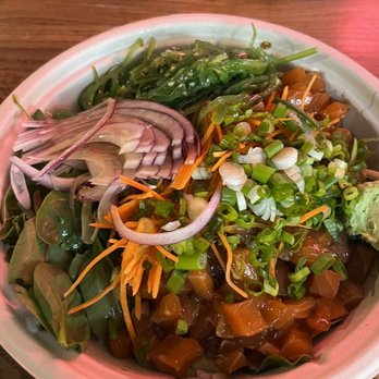 Go Poké - Regular size bowl with 'happy salmon', sushi rice and spring greens, and a bunch of toppings that I honestly can't remember what I chose! - Hawaiian Near Me - Arlington, Virginia