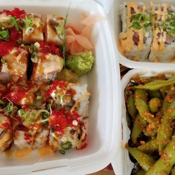 Matsuyama - Top left, Lion Roll. Bottom left, Bad Boy Top right, Hawaii Roll Bottom right, spicy garlic edamame - Japanese Near Me - Galt, California