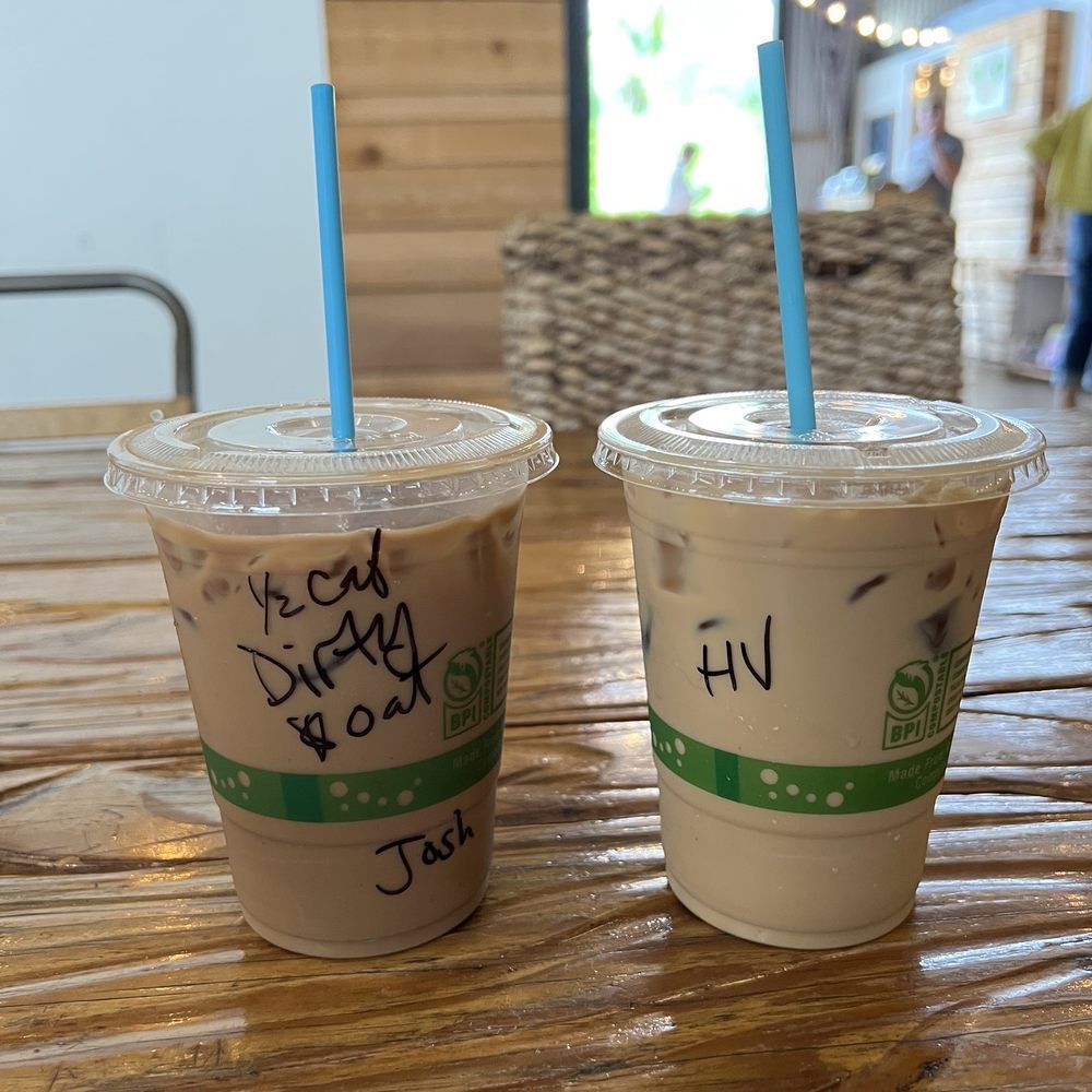 Iced 1/2 caf Dirty Latte (salted caramel and dark chocolate) and iced Hawaiian Vanilla Latte Iced 1/2 caf Dirty Latte (salted caramel and dark chocolate) and iced Hawaiian Vanilla Latte
