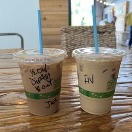Iced 1/2 caf Dirty Latte (salted caramel and dark chocolate) and iced Hawaiian Vanilla Latte Iced 1/2 caf Dirty Latte (salted caramel and dark chocolate) and iced Hawaiian Vanilla Latte