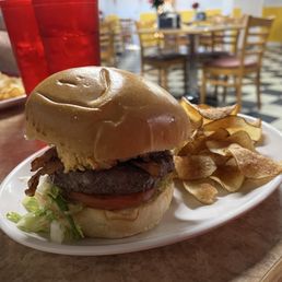 Jalapeño bacon burger and house made chips. Jalapeño bacon burger and house made chips.