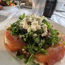 Special: prosciutto wrapped cantaloupe with arugula salad, feta and candied walnuts, and a champagne honey vinaigrette. AMAZING!!! Special: prosciutto wrapped cantaloupe with arugula salad, feta and candied walnuts, and a champagne honey vinaigrette. AMAZING!!!