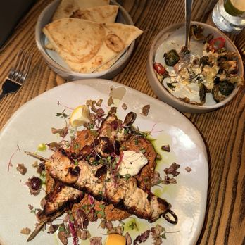 Nomad - Greek Chicken Souvlaki far right is the eaten up Crispy Brussels Sprouts. So good!! - Desserts Near Me - Bay Harbor, Michigan Nomad - Greek Chicken Souvlaki far right is the eaten up Crispy Brussels Sprouts. So good!! - Desserts Near Me - Bay Harbor, Michigan
