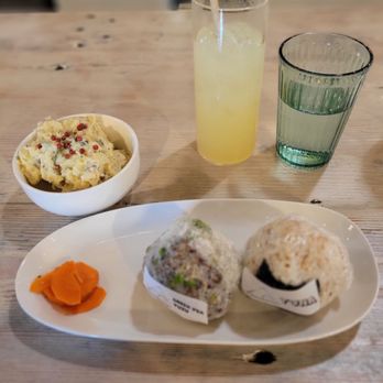 Sankaku Onigiri Cafe & Bar - Tuna mayo onigiri, green pea onigiri, yuzu fizz cocktail, sweet potato salad - Japanese Near Me - Seattle, Washington Sankaku Onigiri Cafe & Bar - Tuna mayo onigiri, green pea onigiri, yuzu fizz cocktail, sweet potato salad - Japanese Near Me - Seattle, Washington