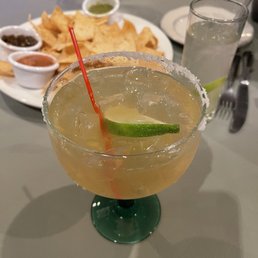 Delicious classic marg on the rocks and chips and salsa Delicious classic marg on the rocks and chips and salsa