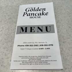 The Golden Pancake House - Take home menu from the golden pancake house