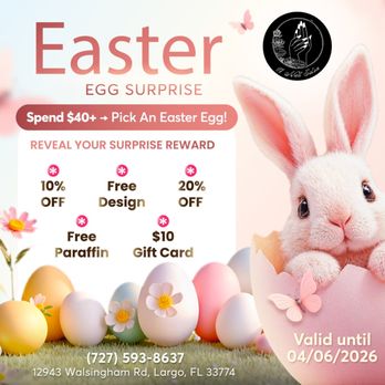 Number One Nail Salon - CRACK THE EGG, UNLOCK YOUR SURPRISE!
This Easter season, we're bringing excitement and exclusive rewards to every visit with our Ea - Nail Salons Near Me - Largo, Florida Number One Nail Salon - CRACK THE EGG, UNLOCK YOUR SURPRISE!
This Easter season, we're bringing excitement and exclusive rewards to every visit with our Ea - Nail Salons Near Me - Largo, Florida