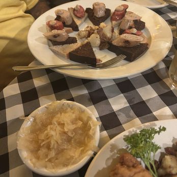 Ol' Heidelberg - Sausage Platter appetizer with sauerkraut!  Chicken Cordon Blue was amazing with fried potato's. - German Near Me - Huntsville, Alabama