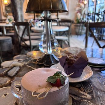 Glimmer Cafe - Strawberry cloud matcha wit blueberry muffin! Beyond delicious! - Cafes Near Me - Delray Beach, Florida