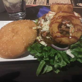 Pinz - Kingston - Notorious P.I.G. (not pictured: side of fries). Burger with pulled pork, onion rings, slaw, and BBQ sauce - Arcades Near Me - Kingston, Massachusetts