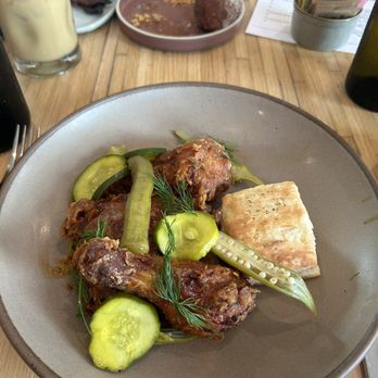 Husk - Fried Chicken, Pickled Okra, Nashville Hot Schmaltz, but subbed Annie Mae's White Bread for a biscuit - American Near Me - Charleston, South Carolina