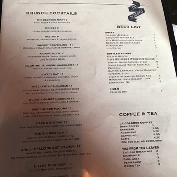 The Bedford - Back of menu - New American Near Me - Brooklyn, New York