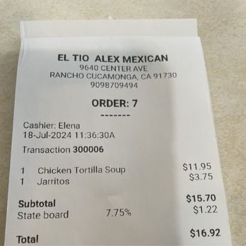 El Tio Alex Mexican Restaurant - Receipt - Mexican Near Me - Ontario CA, California