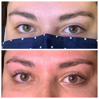 Ruze Spa - Lash Lift before and after! - The image features two close-up views of a person's eyes, one above the other. The top image shows the eyes before a lash lift, with natural, straight eyelashes, and the person is wearing a polka-dot face mask. The bottom image displays the same eyes after a lash lift, with visibly curled and lifted eyelashes, and the person is not wearing a mask. The photos focus on the eye area, emphasizing the results of the lash lift procedure. - Skin Care Near Me - Cedar Rapids, Iowa