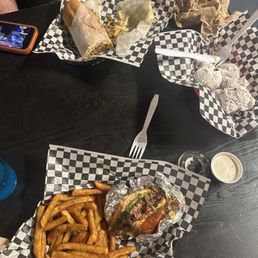 Burger, fat shack sandwich, deep fried Oreos